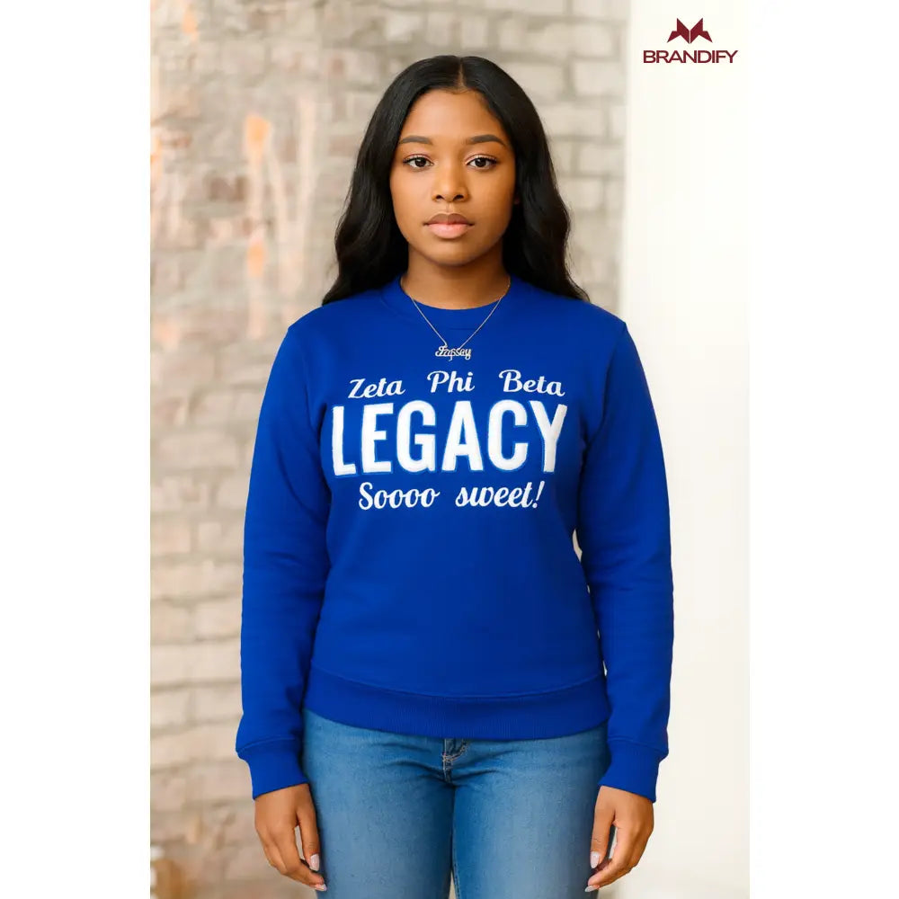 Custom Zeta Phi Beta Chenille Tee Style 3 front view with personalized royal blue and white design