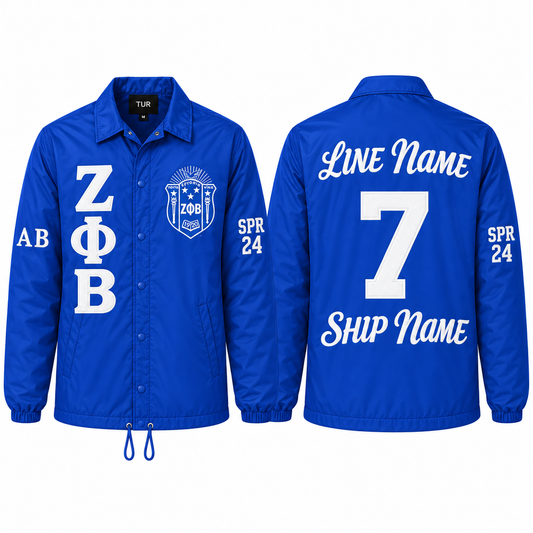 Zeta Phi Beta royal blue custom line jacket front and back with crest, letters, line name, number, ship name and sleeve details