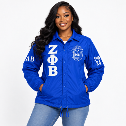 Model wearing royal blue Zeta Phi Beta custom line jacket back