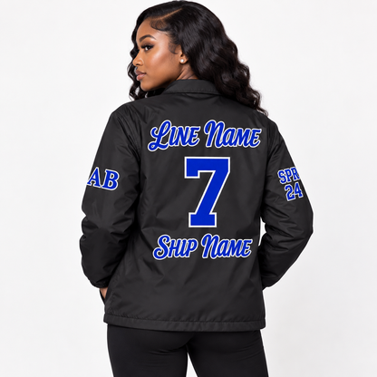 Model wearing black Zeta Phi Beta custom line jacket back