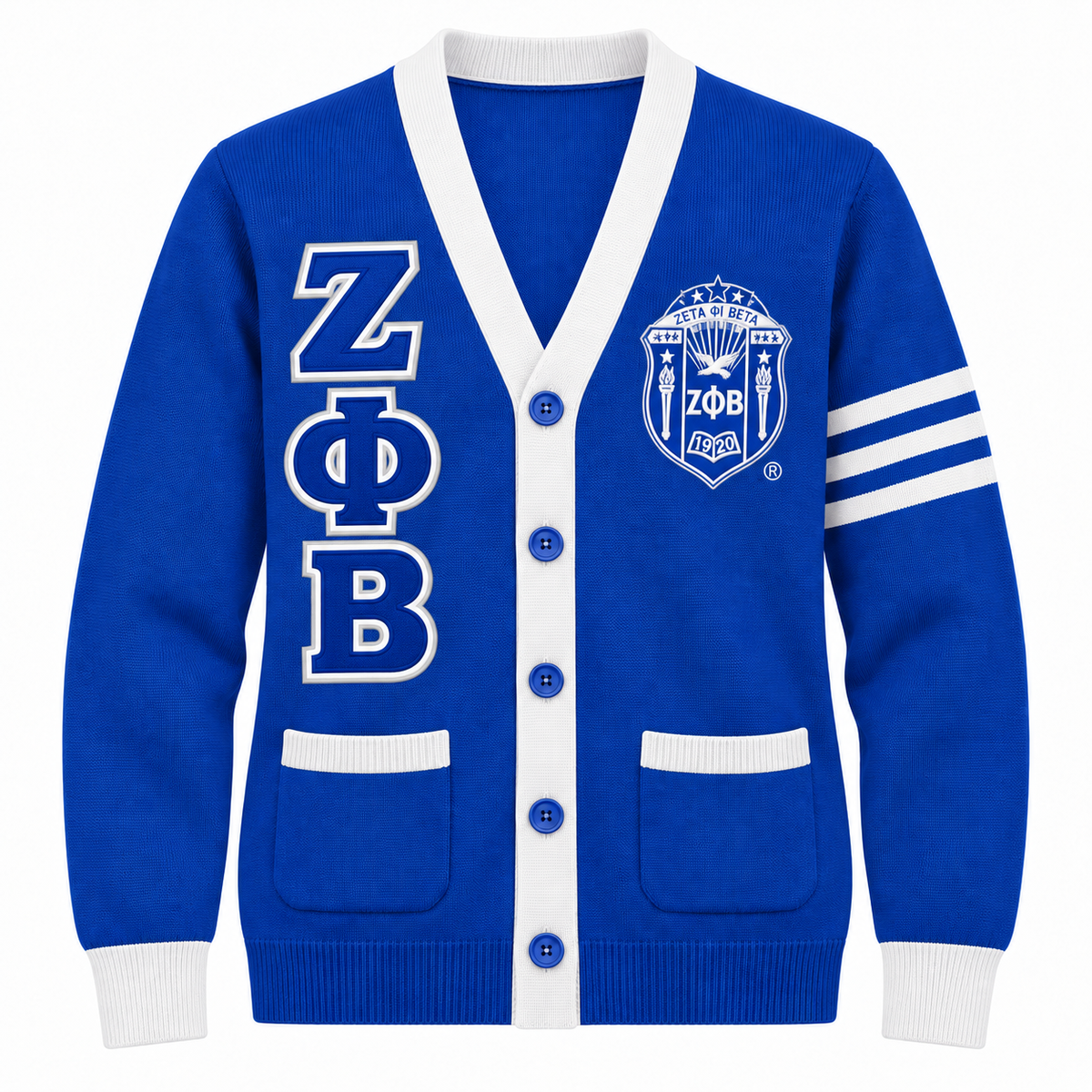 Zeta Phi Beta royal blue cardigan with white trim, stacked Greek letters and crest