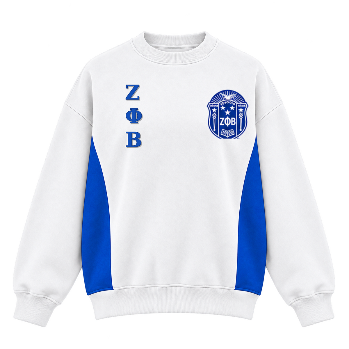 White and royal blue Zeta Phi Beta heavyweight boxy crewneck sweatshirt with crest and stacked ΖΦΒ letters