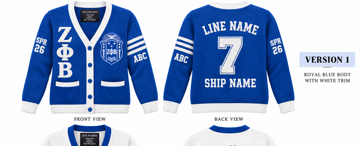 Zeta Phi Beta royal blue and white cardigan shown front and back with sample line personalization