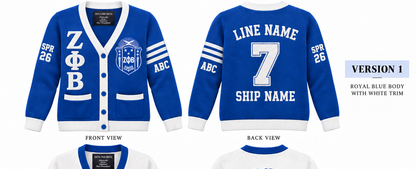 Zeta Phi Beta royal blue and white cardigan shown front and back with sample line personalization