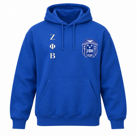 Royal blue Zeta Phi Beta pullover hoodie with white stacked Greek letters and crest on the chest