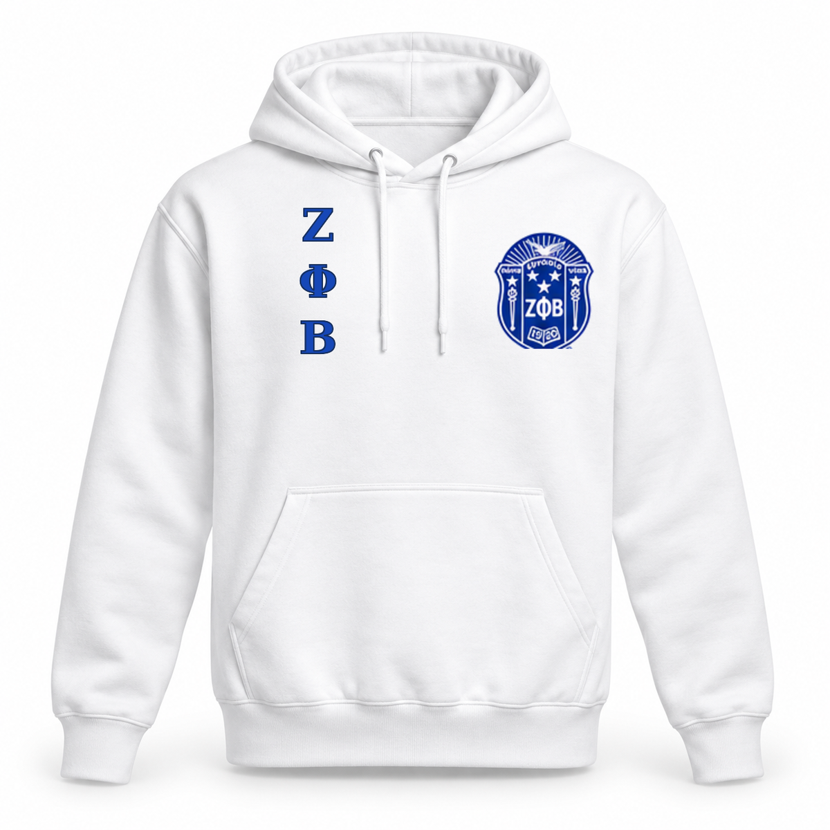 White Zeta Phi Beta pullover hoodie with royal blue stacked Greek letters and crest on the chest