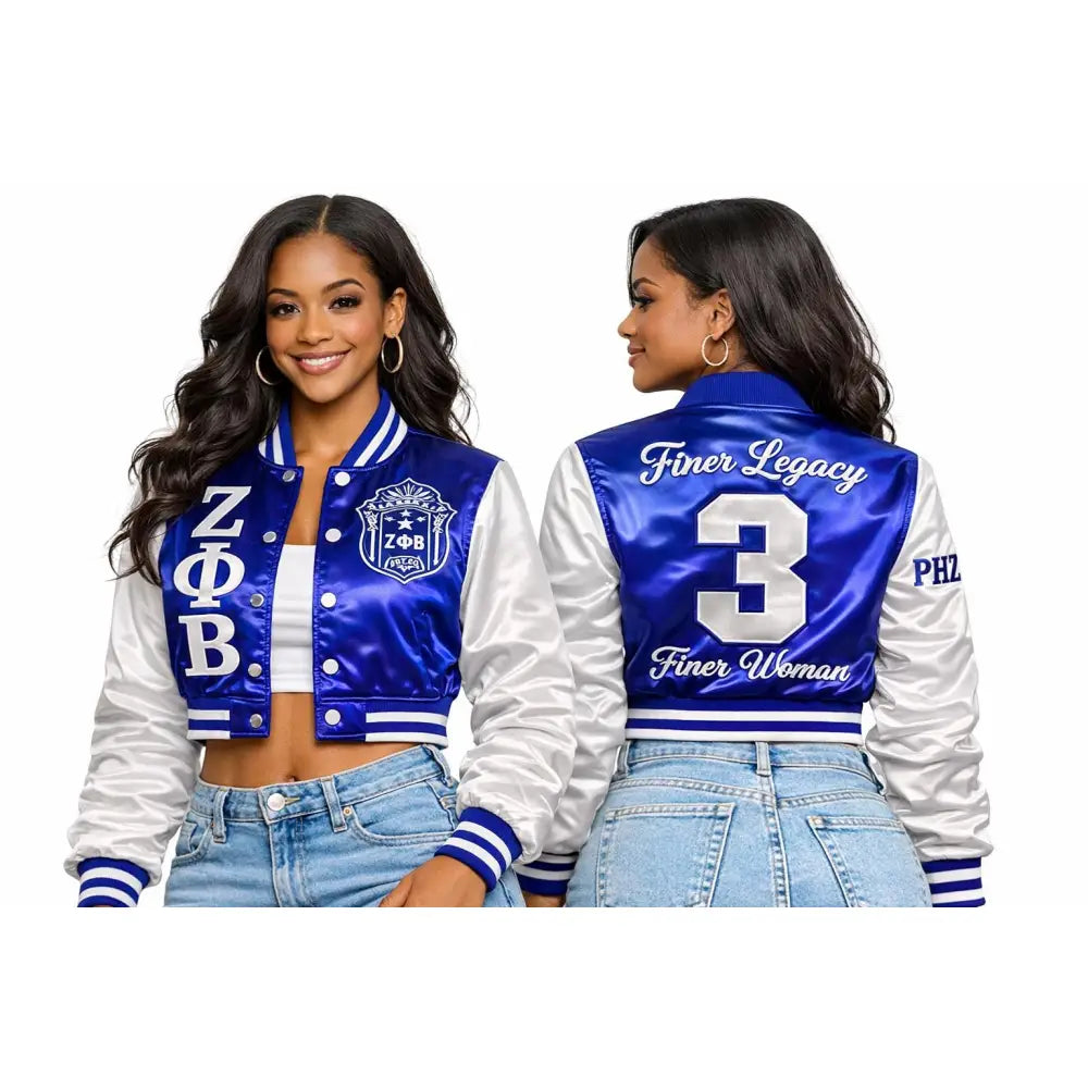 Gold / Blue Zeta Phi Beta Cropped Line Jacket with personalized front, back, and sleeve embroidery