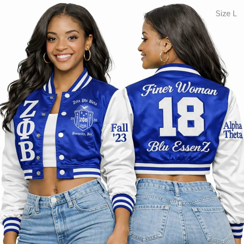 Gold / Blue Zeta Phi Beta Cropped Line Jacket with personalized front, back, and sleeve embroidery