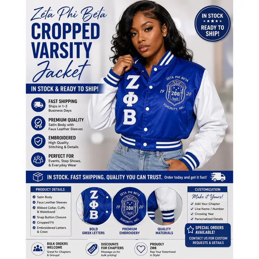 Royal Blue / White Zeta Phi Beta Cropped Line Jacket with personalized front, back, and sleeve embroidery