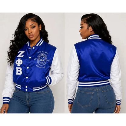 Royal Blue / White Zeta Phi Beta Cropped Line Jacket with personalized front, back, and sleeve embroidery