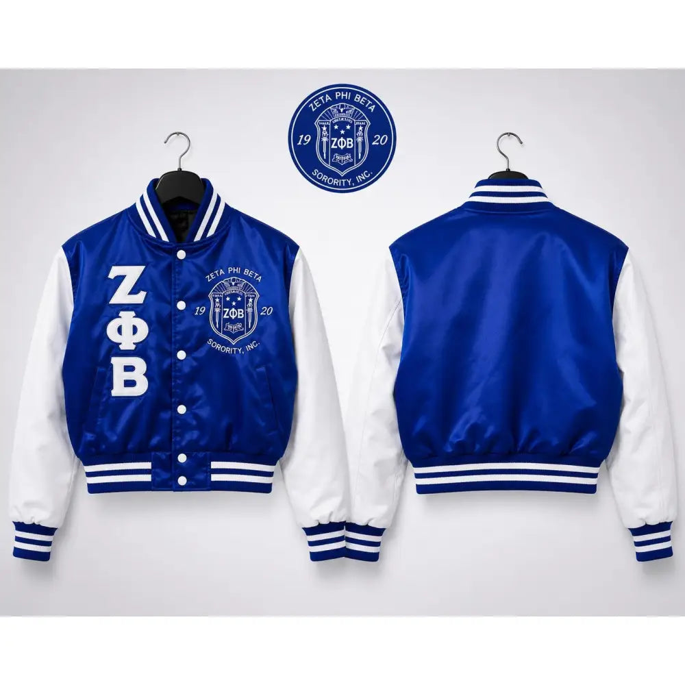 Royal Blue / White Zeta Phi Beta Cropped Line Jacket with personalized front, back, and sleeve embroidery