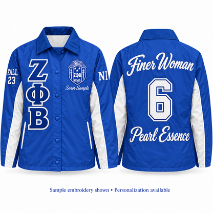Royal blue and white Zeta Phi Beta line jacket shown front and back with sample personalization