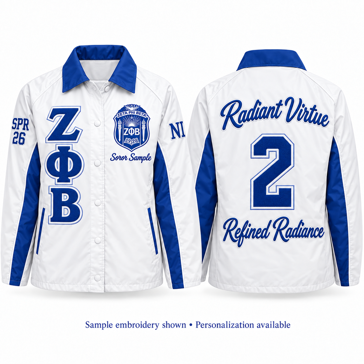 White and royal blue Zeta Phi Beta line jacket shown front and back with sample personalization