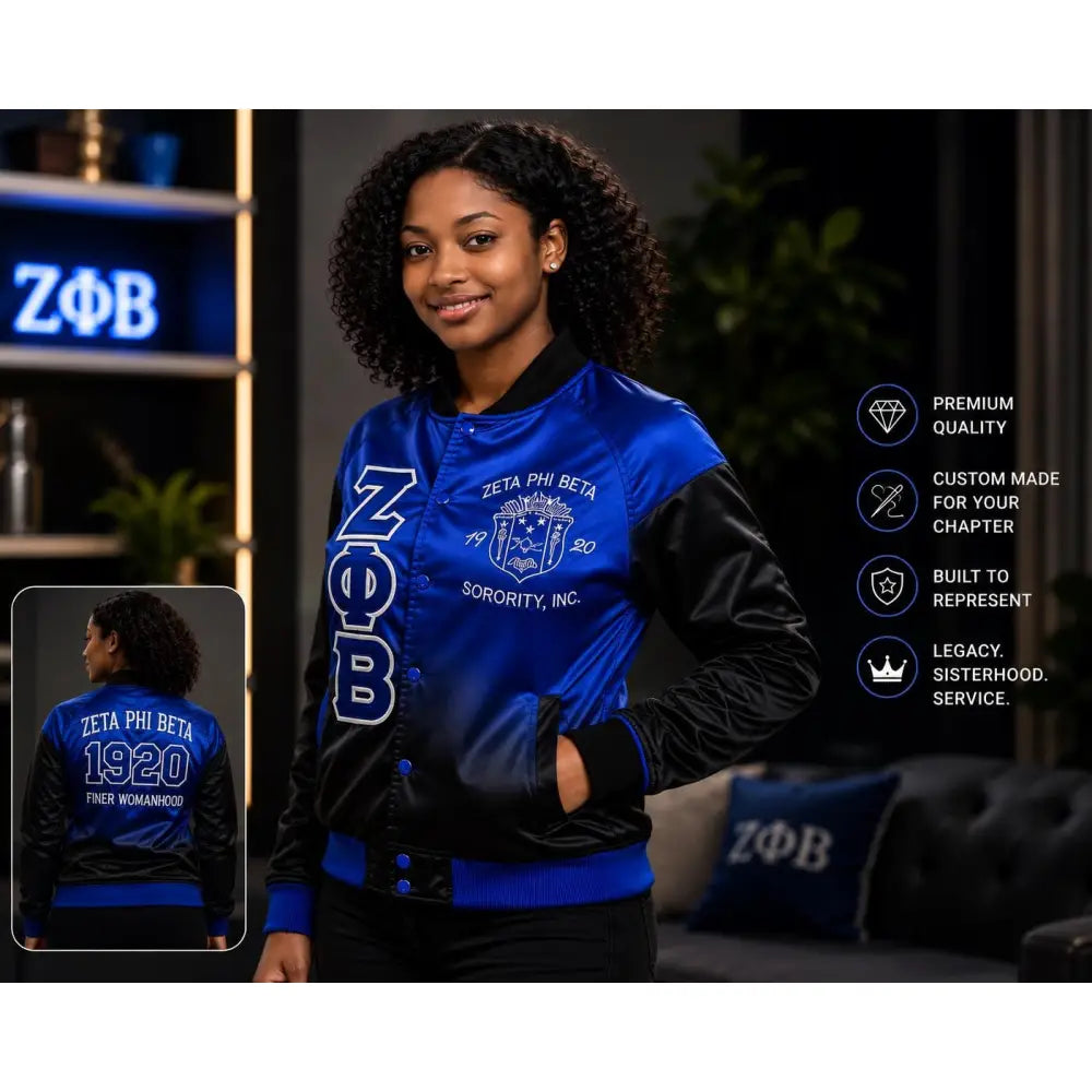 Royal Blue / Black Zeta Phi Beta Varsity Line Jacket with personalized front, back, and sleeve embroidery