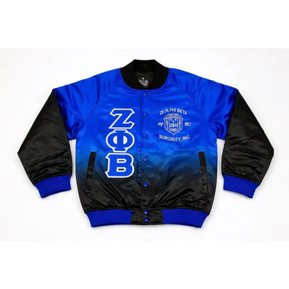 Royal Blue / Black Zeta Phi Beta Varsity Line Jacket with personalized front, back, and sleeve embroidery