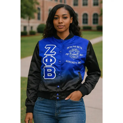 Black / Red Zeta Phi Beta Satin Line Jacket with personalized front, back, and sleeve embroidery