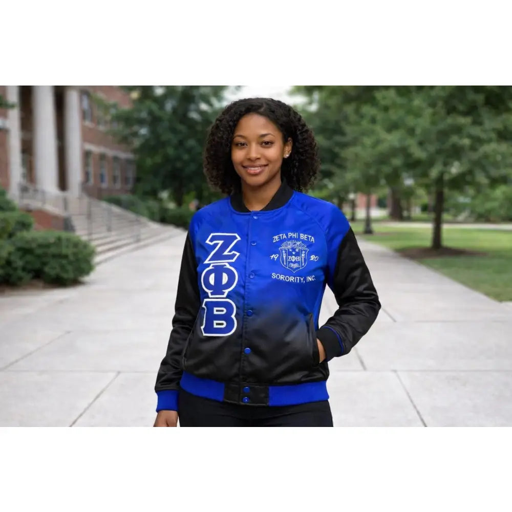 Black / Red Zeta Phi Beta Satin Line Jacket with personalized front, back, and sleeve embroidery