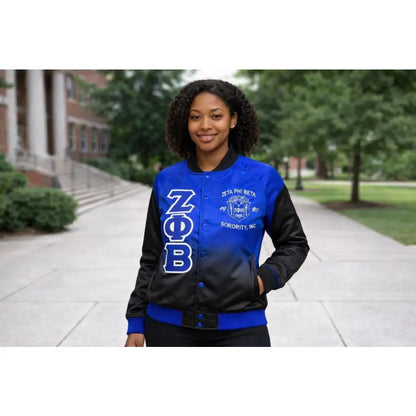 Black / Red Zeta Phi Beta Satin Line Jacket with personalized front, back, and sleeve embroidery
