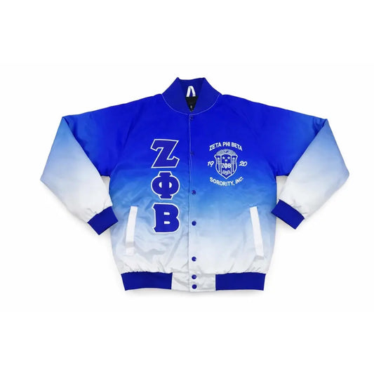 White / Red Zeta Phi Beta Satin Line Jacket with personalized front, back, and sleeve embroidery