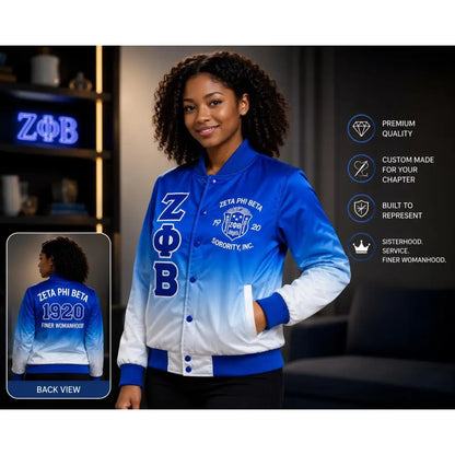 Royal Blue / White Zeta Phi Beta Satin Line Jacket with personalized front, back, and sleeve embroidery