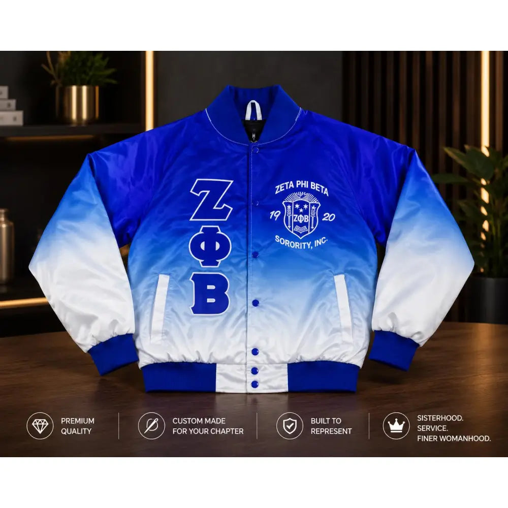 Royal Blue / White Zeta Phi Beta Satin Line Jacket with personalized front, back, and sleeve embroidery