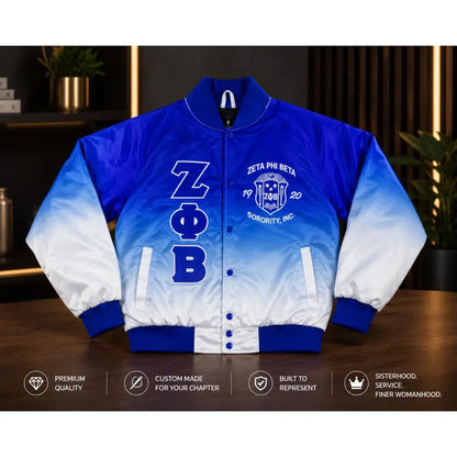 Royal Blue / White Zeta Phi Beta Satin Line Jacket with personalized front, back, and sleeve embroidery