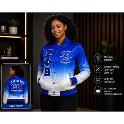 Royal Blue / White Zeta Phi Beta Satin Line Jacket with personalized front, back, and sleeve embroidery