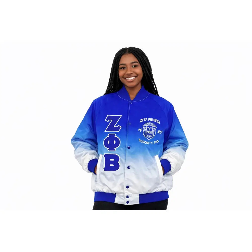 White / Red Zeta Phi Beta Satin Line Jacket with personalized front, back, and sleeve embroidery