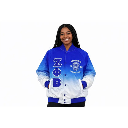 White / Red Zeta Phi Beta Satin Line Jacket with personalized front, back, and sleeve embroidery