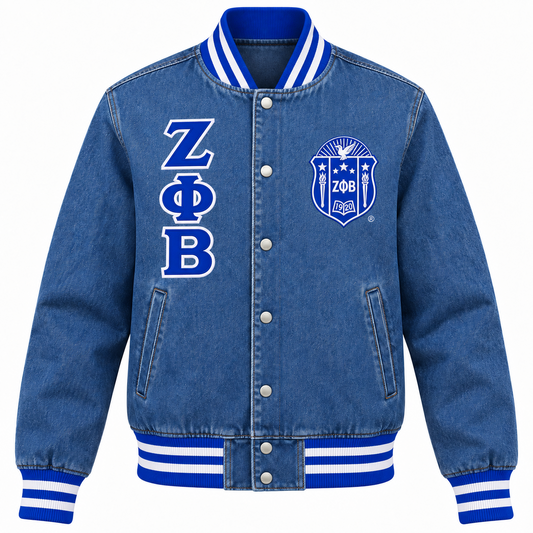Zeta Phi Beta full denim varsity jacket with royal blue and white trim, Greek letters and crest