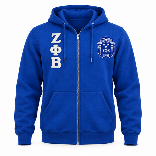 Royal blue Zeta Phi Beta full-zip hoodie with white stacked Greek letters and crest on the chest