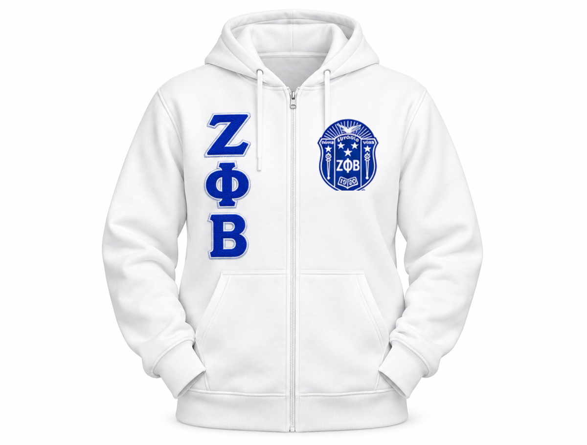 White Zeta Phi Beta full-zip hoodie with royal blue stacked Greek letters and crest on the chest