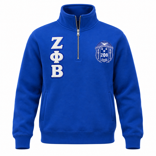 Royal blue Zeta Phi Beta half-zip funnel-neck sweatshirt with white stacked Greek letters and crest on the chest