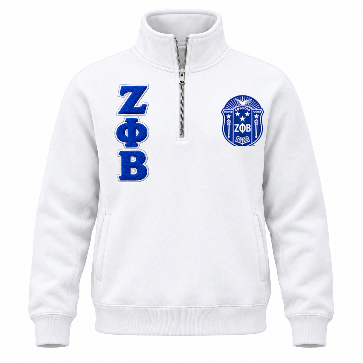 White Zeta Phi Beta half-zip funnel-neck sweatshirt with royal blue stacked Greek letters and crest on the chest