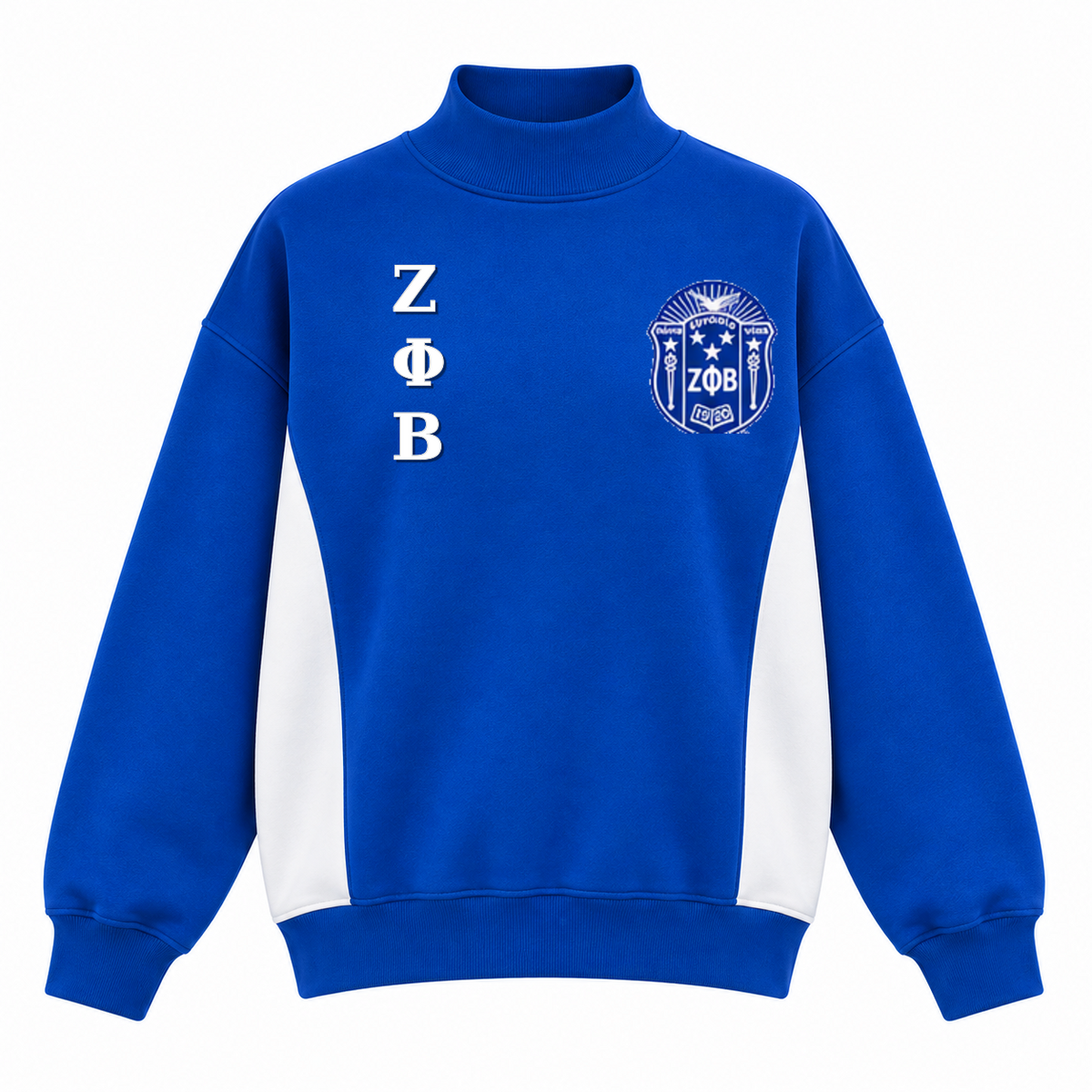 Royal blue and white Zeta Phi Beta oversized mock-neck sweatshirt with crest and stacked ΖΦΒ letters