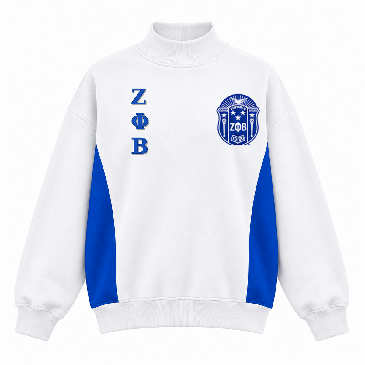 White and royal blue Zeta Phi Beta oversized mock-neck sweatshirt with crest and stacked ΖΦΒ letters