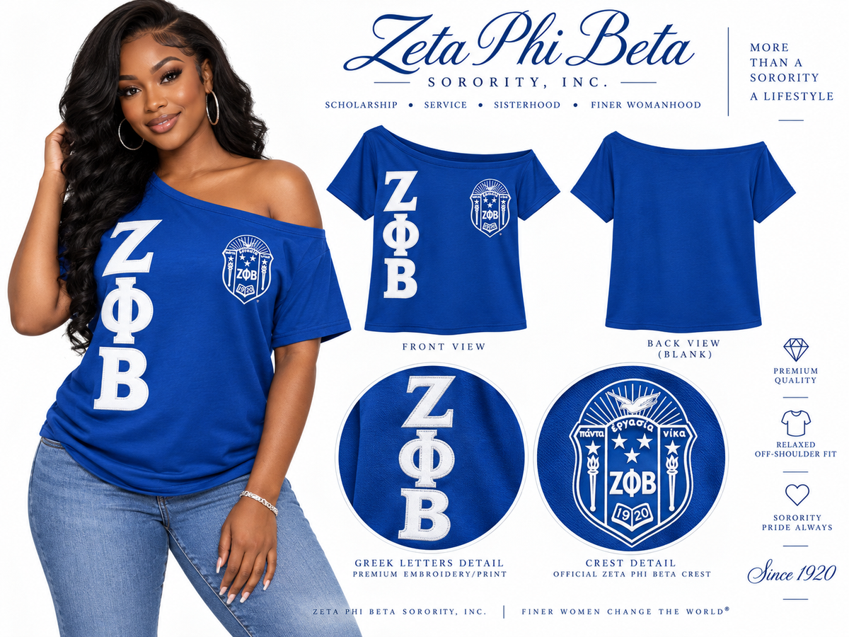 Royal blue and white Zeta Phi Beta off-shoulder tee shown on a woman with crest, stacked ZΦB letters, blank back, and embroidery details