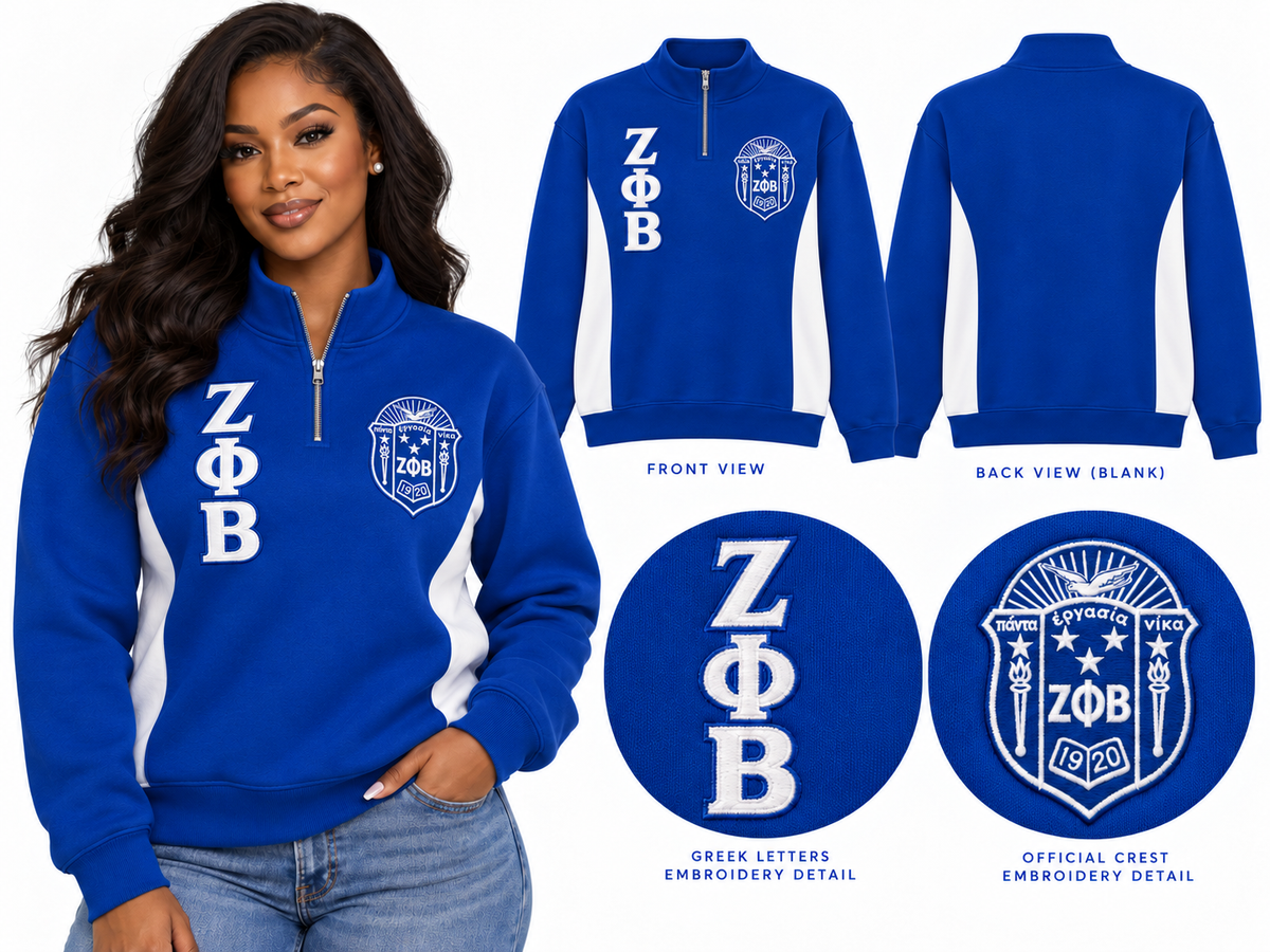 Royal blue and white Zeta Phi Beta quarter-zip pullover shown on a woman with stacked ZΦB letters, crest, white side panels, and blank back