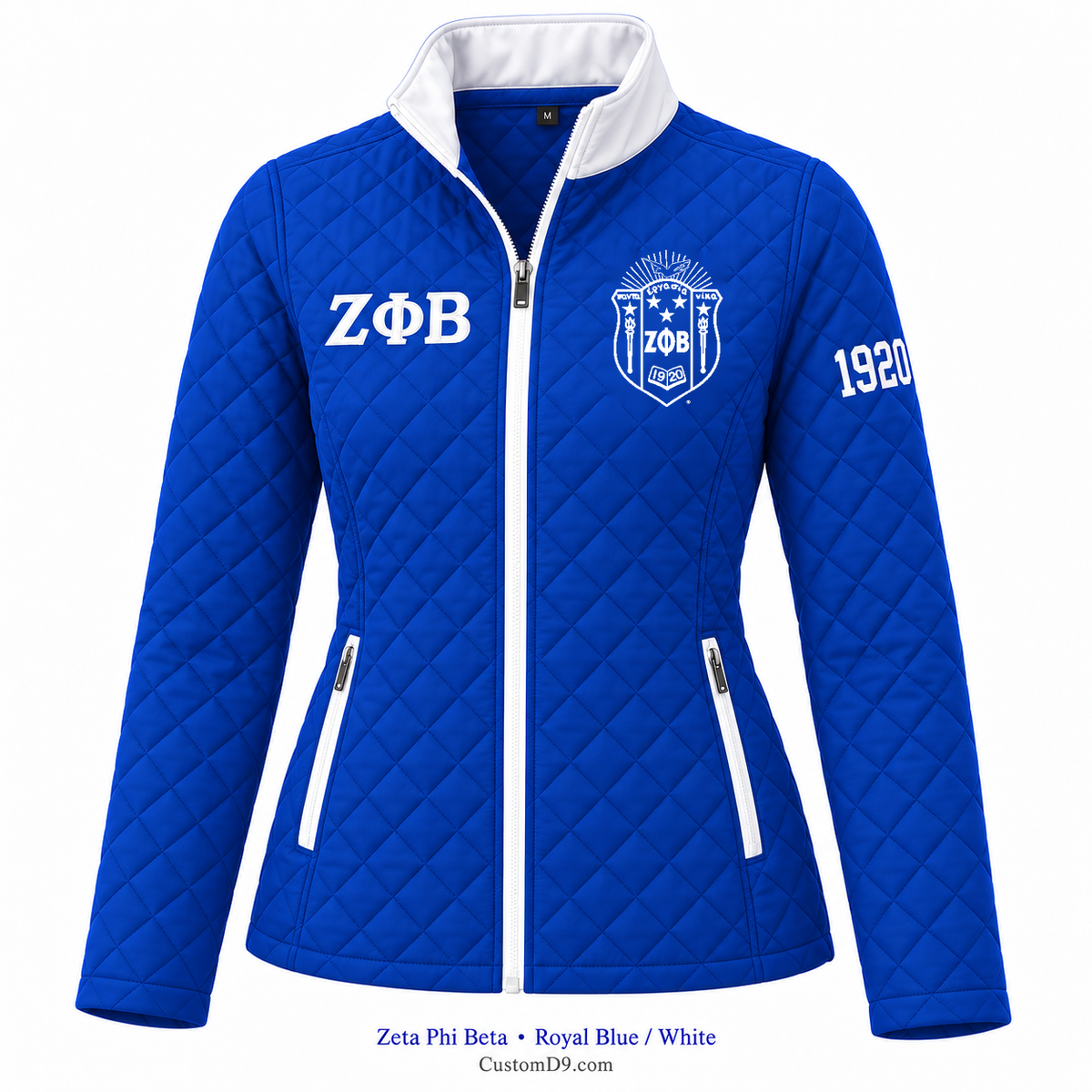 Zeta Phi Beta royal blue and white quilted jacket with crest, Greek letters, and 1920 sleeve embroidery