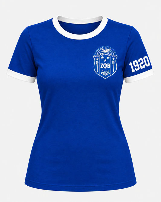 Royal blue Zeta Phi Beta women’s ringer T-shirt with white trim, chest crest and 1920 sleeve design