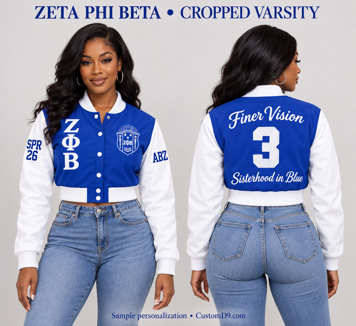 Zeta Phi Beta royal blue and white cropped satin varsity jacket shown on a model in front and back with sample custom embroidery