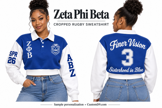 Zeta Phi Beta royal blue and white cropped rugby sweatshirt, front and back model views with sample custom embroidery