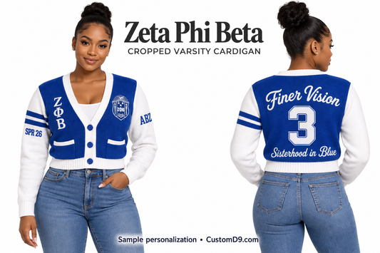 Zeta Phi Beta royal blue and white cropped varsity cardigan, front and back model views with sample chest, sleeve, and back embroidery