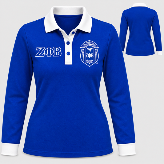 Zeta Phi Beta royal blue long-sleeve polo with white collar, placket, and cuffs, front and back views