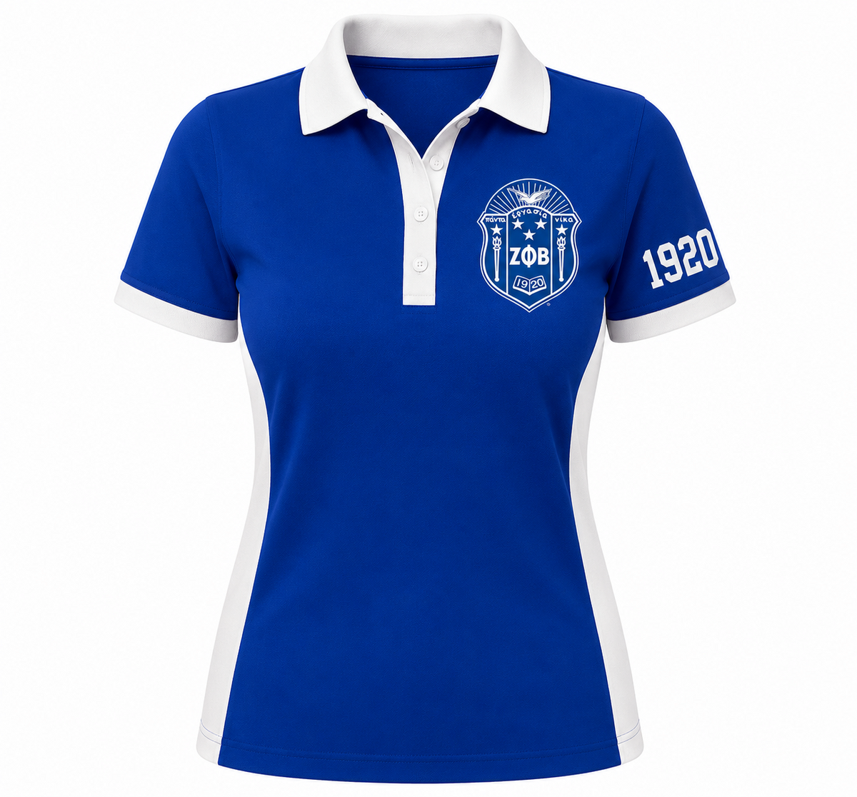 Zeta Phi Beta royal blue panel polo with white collar, side panels, crest, and 1920 sleeve embroidery
