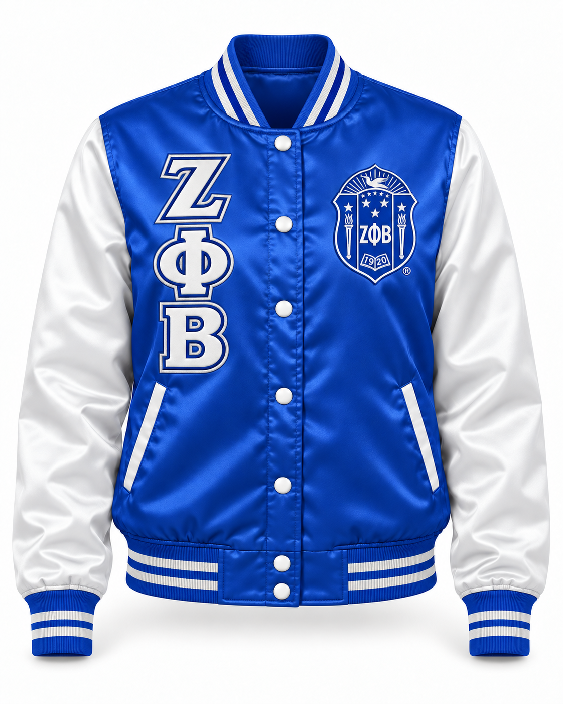 Zeta Phi Beta royal blue satin bomber jacket with white sleeves, stacked Greek letters, crest, and striped trim