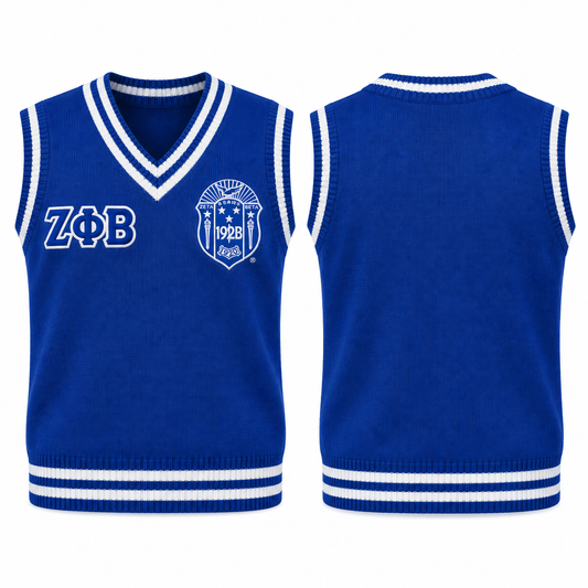 Zeta Phi Beta royal blue and white varsity sweater vest with crest and Greek letters, front and back views
