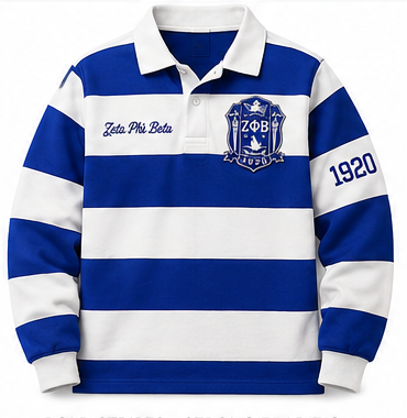 Front view of Zeta Phi Beta royal blue and white striped rugby shirt with crest, script and 1920 sleeve embroidery