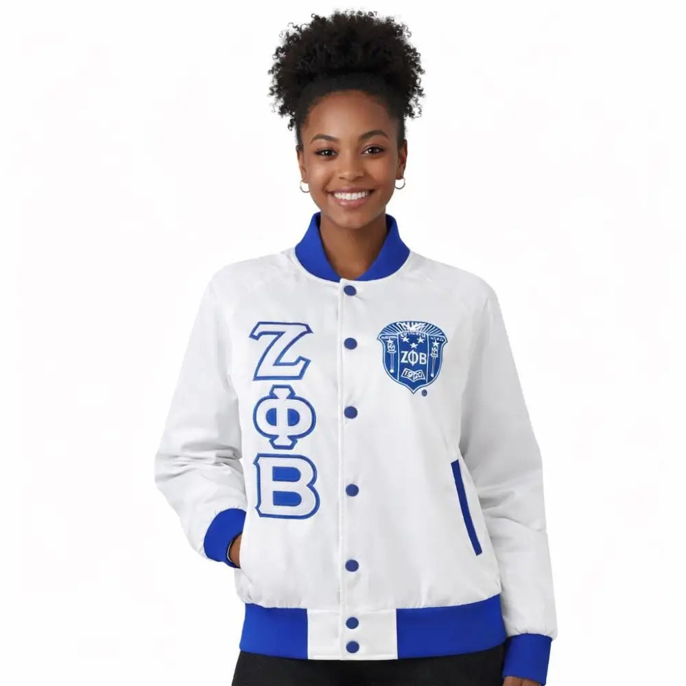 Royal Blue / White Zeta Phi Beta Varsity Line Jacket with personalized front, back, and sleeve embroidery
