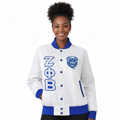 Royal Blue / White Zeta Phi Beta Varsity Line Jacket with personalized front, back, and sleeve embroidery